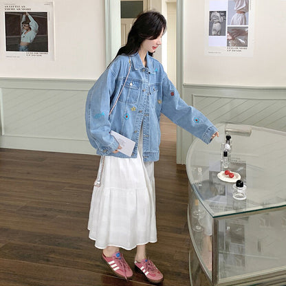 【アウター】ヴィンテージ BF風 刺繍 デニムジャケット レディース 春秋 韓国風 大人気 トレンド キュートカジュアル【SHシリーズ】