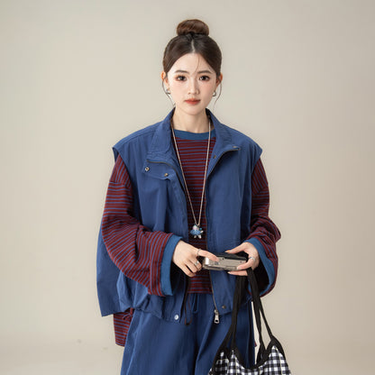 【単品注文】【セットアップ】秋新作 ゆったり ストライプTシャツ＋ベスト＋ワイドパンツ 上下セット 体型カバー お洒落【JZシリーズ】