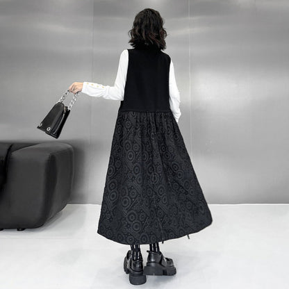 【ワンピース】暗黒系 ノースリーブVネックベストワンピース レディース 新作 ゆったり体型カバー ミディ丈【AHシリーズ】