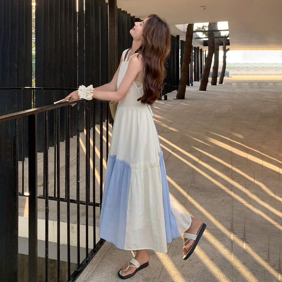 【ワンピース】配色 フリル ノースリーブワンピース レディース 夏 ロングワンピース ゆったり 体型カバー 人気 フレンチ風【SHシリーズ】