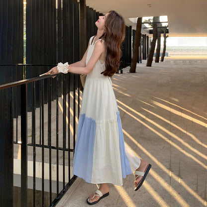 【ワンピース】配色 フリル ノースリーブワンピース レディース 夏 ロングワンピース ゆったり 体型カバー 人気 フレンチ風【SHシリーズ】