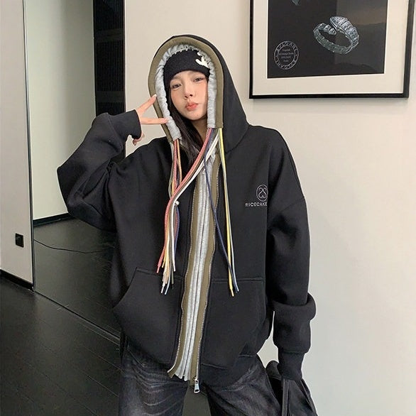 【アウター】カラフル ドローコード レイヤード風 フード付き ジャケット【FCシリーズ】