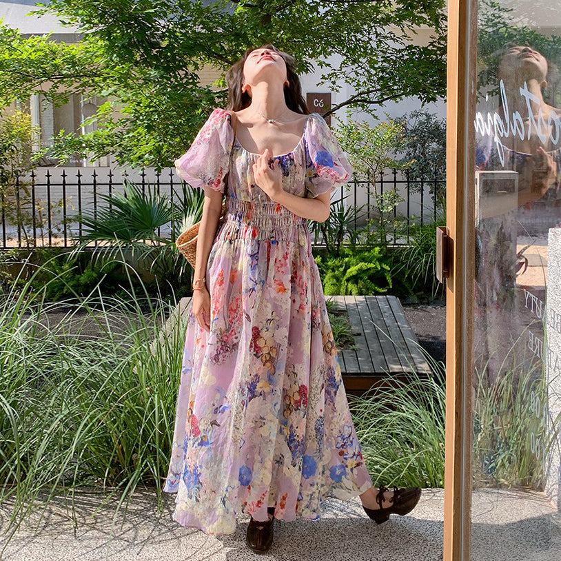 【ワンピース】夏 ドーパミン フラワー 油絵プリント 半袖ワンピース【SHシリーズ】