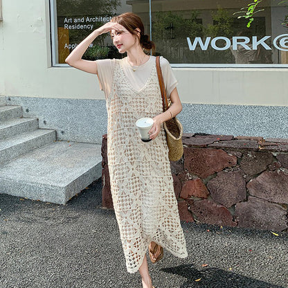 2点セット！【セットアップ】透かし編みカーデ+ 半袖ワンピースセットアップ｜激かわ映えロングワンピース【JZシリーズ】