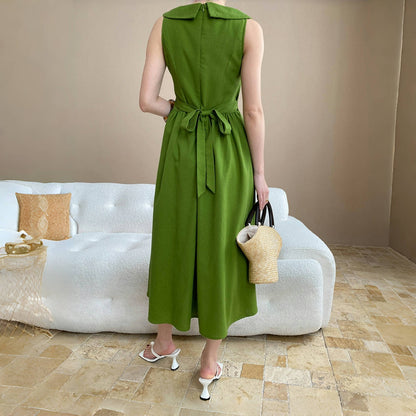 【ワンピース】夏 マンボ デザイン感 フレンチ フリル襟 ウエストマーク ノースリーブ ワンピース 【SNシリーズ】