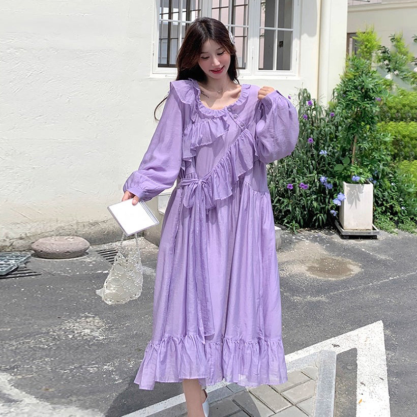 【ワンピース】フレンチ風パープルワンピース レディース 長袖 ロング丈 春夏秋 柔らかい雰囲気【JZシリーズ】