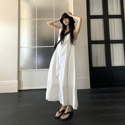 【ワンピース】ホワイト Vネック ノースリーブ Aライン ロング丈 リゾート風 ゆったり ナチュラル ワンピース【JZシリーズ】