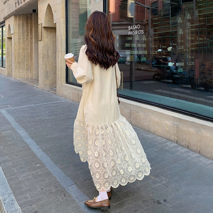 【ワンピース】フレンチエレガント レース切替 長袖ワンピース レディース デザイン性 優しげムード リボン付きロングドレス【JZシリーズ】