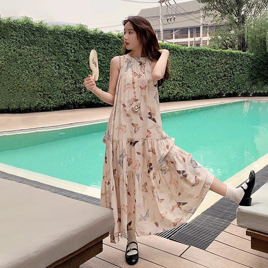 【ワンピース】夏 ビーチリゾート風 蝶柄 ノースリーブワンピース【SHシリーズ】