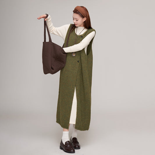 【ワンピース】秋冬 レトロ 森ガール マスタードグリーン ニットサロペットワンピ レディース 重ね着スタイルノースリーブワンピース【JZシリーズ】