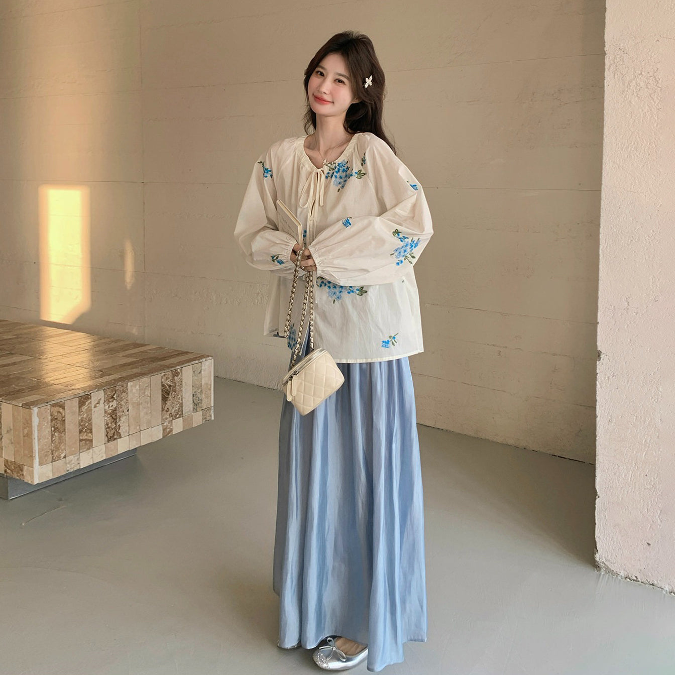 【セットアップ】配色刺繍 リボン付きトップス×ワイドパンツ 上下セット レディース フェミニン 上品 おしゃれ 体型カバー 2点セット
【SHシリーズ】