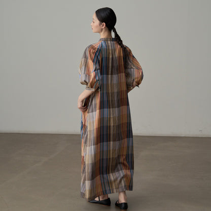 【ワンピース】フレンチリゾート風 チェック柄ロングシャツワンピース 半袖 ゆったりシルエット【SHシリーズ】