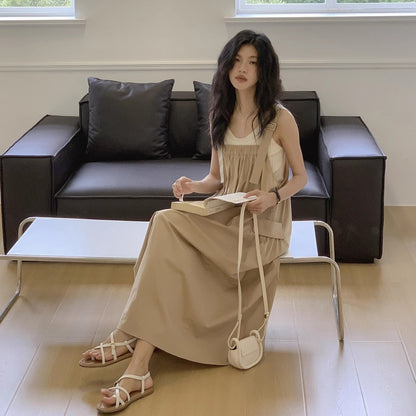 【ワンピース】シンプルヴィンテージ 夏新作 ゆったり韓国風カジュアル ノースリーブキャミソールワンピース【JZシリーズ】