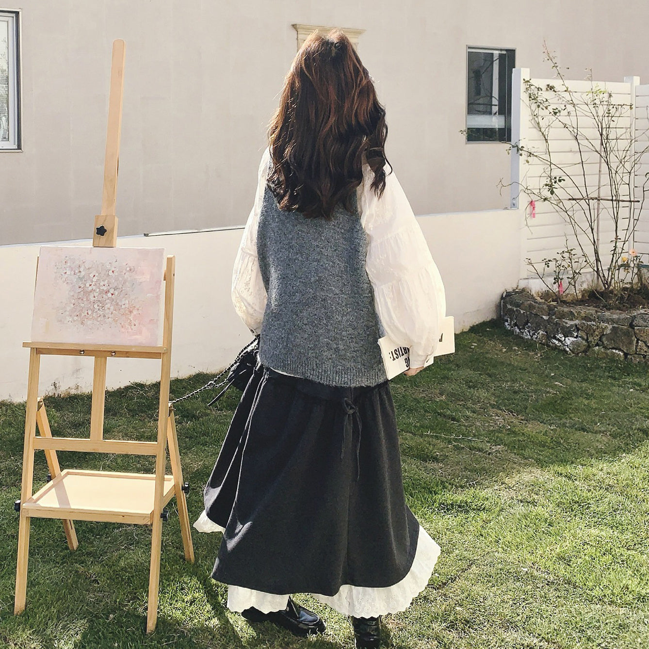 3点セット！【セットアップ】春新作 森ガール風 ニットベスト＋シャツ＋スカート 3点 上下セット 気質アップ＆若見えコーデ【JZシリーズ】