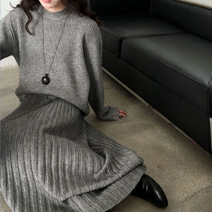 【セットアップ】春 秋 冬 クルーネック セーター + ハイウエスト  細見え プリーツスカート 2点セット 【JZシリーズ】