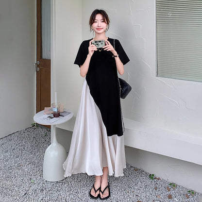 【ワンピース】個性配色切り替えアシンメトリー半袖 Tシャツワンピース 夏 ゆったりロング丈【JZシリーズ】