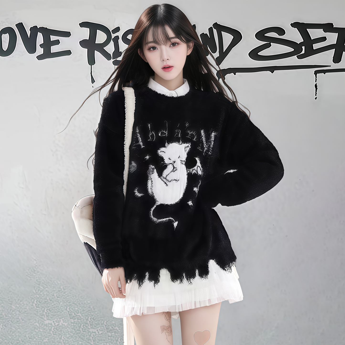 【トップス】ダメージ加工 猫モチーフ ニットセーター レディース 秋冬 ゆったり ルーズ カジュアル【FCシリーズ】