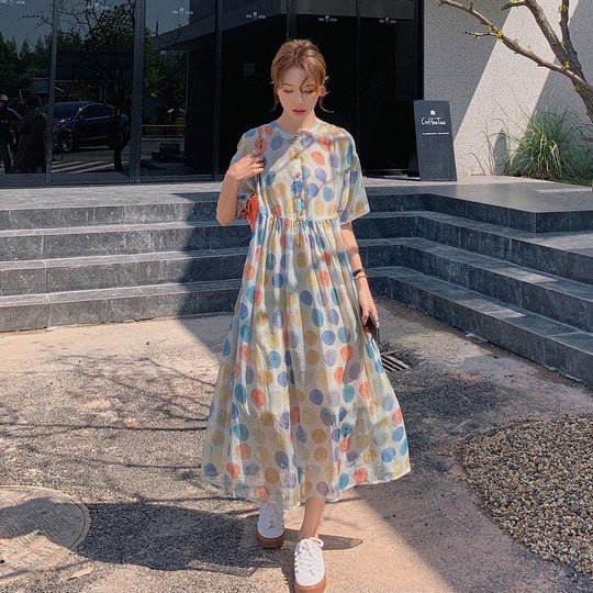 【ワンピース】【10～15日内発送】夏新作 やや透け感 ゆったりシルエット 体型カバー 冷淡系ドット柄 半袖ワンピース【SHシリーズ】