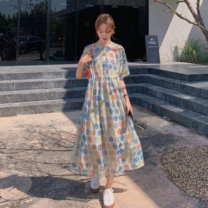 【ワンピース】【10～15日内発送】夏新作 やや透け感 ゆったりシルエット 体型カバー 冷淡系ドット柄 半袖ワンピース【SHシリーズ】