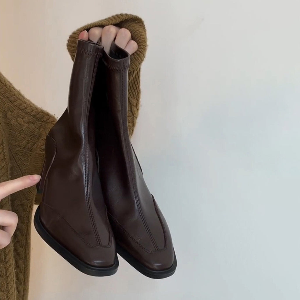 【シューズ】レディース ハイヒール ショートブーツ フレンチヴィンテージ スクエアトゥ太ヒール マーチン風ブーツ