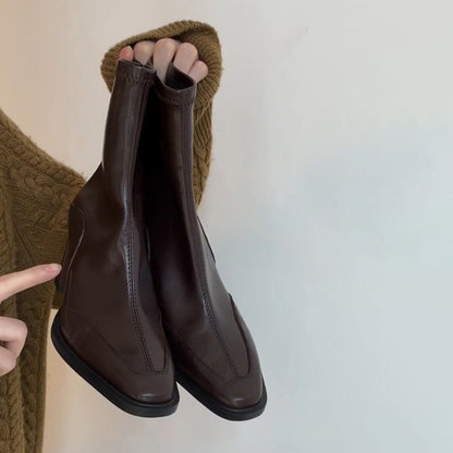 【シューズ】レディース ハイヒール ショートブーツ フレンチヴィンテージ スクエアトゥ太ヒール マーチン風ブーツ