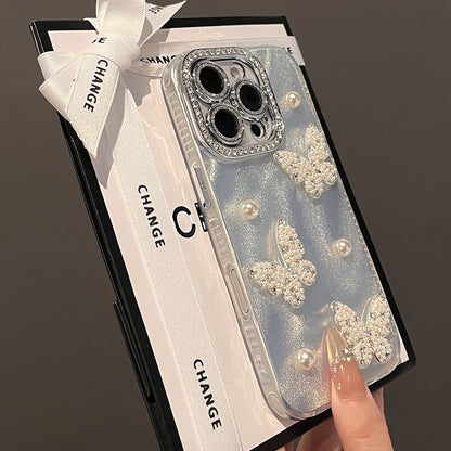 【グッズ】iPhone 16 Pro Max / 15 Pro / 14 Plus / 13 / 12 Pro / 11 用 高級感 ラグジュアリー 新作 立体パール 蝶モチーフ キラキラ ミラーケース レディース スマホカバー