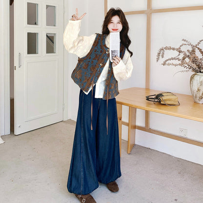 3点セット！【セットアップ】メラードジャカード×配色 ベスト＋中国風シャツ＋ワイドデニムパンツ 上下セット レディース 早春・秋 サン系コーデ【SHシリーズ】