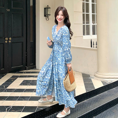 【ワンピース】フレンチエレガント レース Vネック 花柄長袖ワンピース 春秋 優しい雰囲気 超おしゃれ 若見え【SHシリーズ】