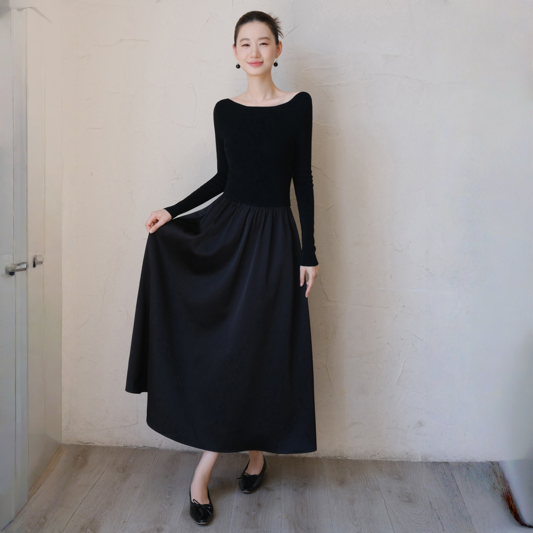 【ワンピース】春 秋 冬 ボートネック  切り替え 高級感 長袖 ワンピース【JZシリーズ】