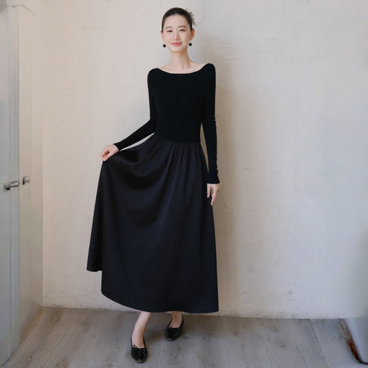 【ワンピース】春 秋 冬 ボートネック  切り替え 高級感 長袖 ワンピース【JZシリーズ】