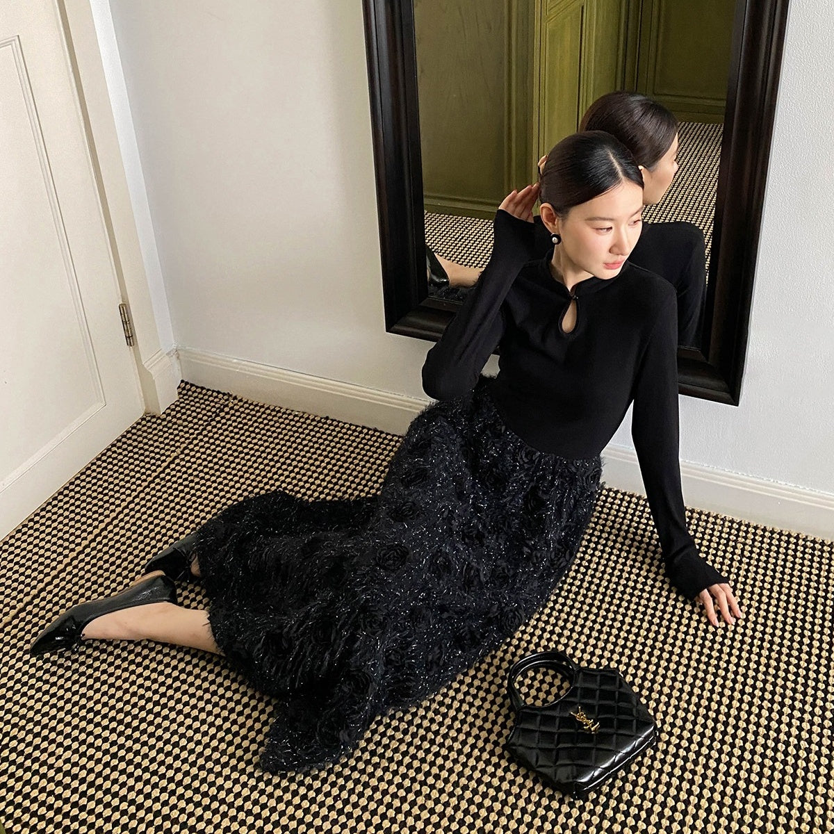 【ワンピース】春 秋 冬 花柄刺繍 細見え インナー 長袖 ワンピース  【JZシリーズ】