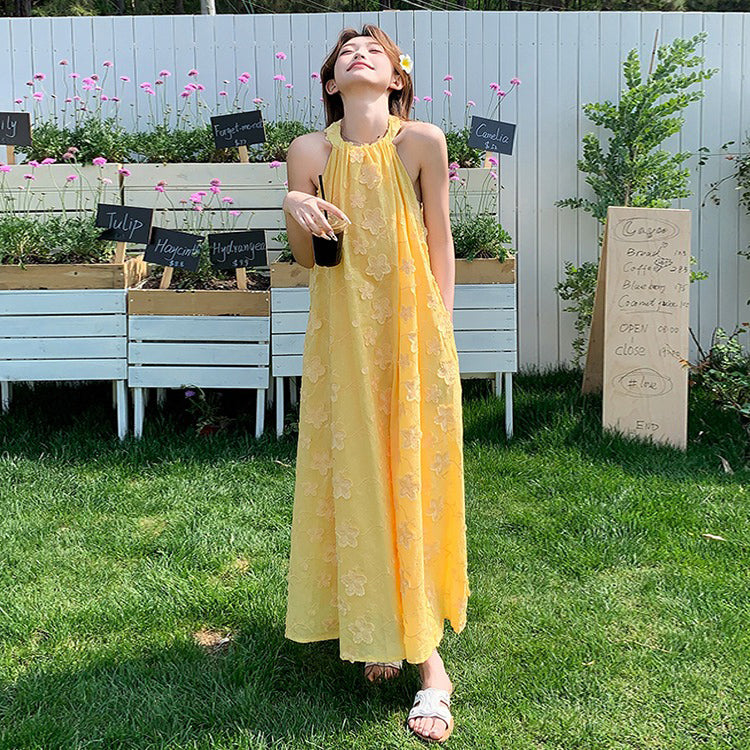 【ワンピース】夏 花柄 イエロー ハイネックキャミノースリーブワンピース 気質溢れる優しげロングドレス【SHシリーズ】