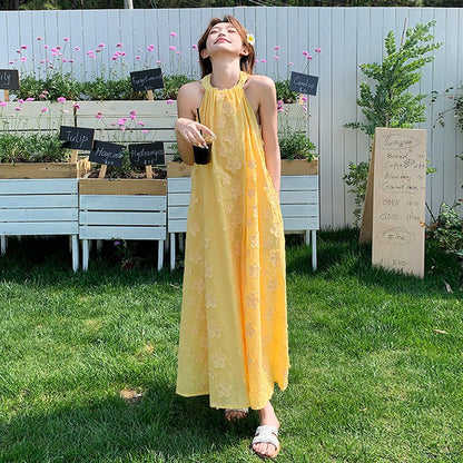 【ワンピース】夏 花柄 イエロー ハイネックキャミノースリーブワンピース 気質溢れる優しげロングドレス【SHシリーズ】