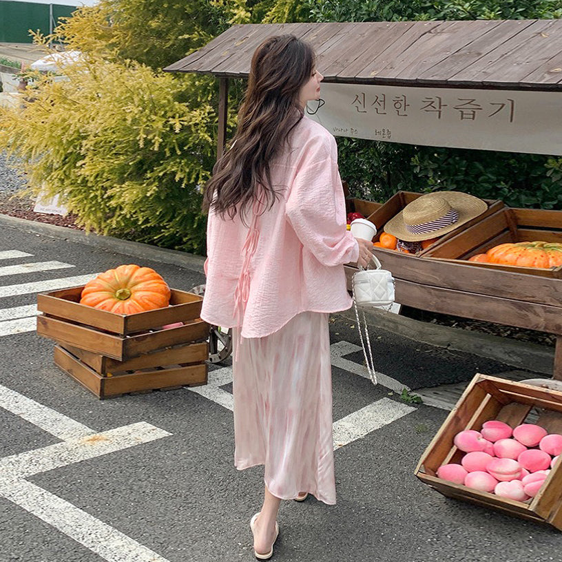 2点セット！【セットアップ】リゾート風 ピンクシャツ＋ノースリーブワンピース セットアップ レディース  優しげ雰囲気 おしゃれ映え【SHシリーズ】