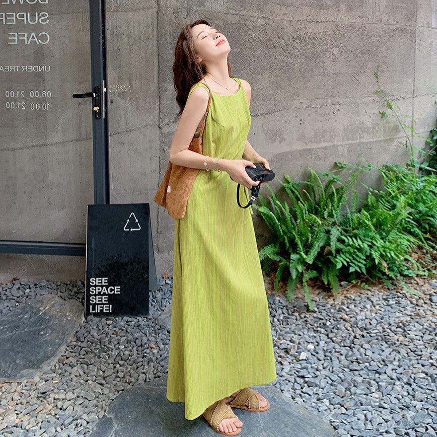 【ワンピース】ライムグリーン ストライプ 配色 ノースリーブキャミワンピース ウエストマーク マキシ丈 夏【JZシリーズ】