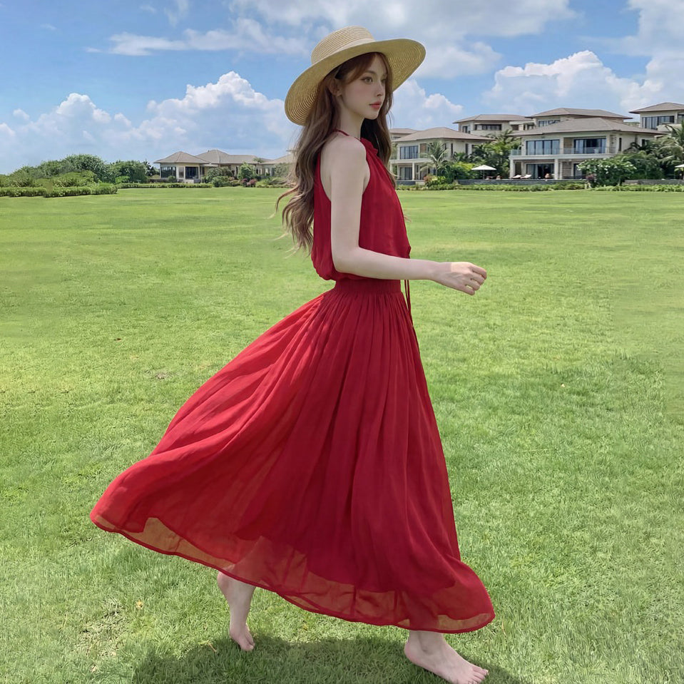 【ワンピース】レッド ノースリーブ ロングワンピース レディース 夏新作 Aライン 体型カバー きれいめ 海辺コーデ【SHシリーズ】