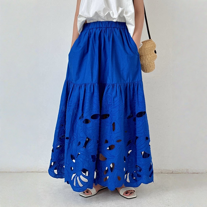 【ボトムス】クラインブルー レーザーカット透かしデザイン 両サイド刺繍 ウエストゴム仕様 スカート 【JZシリーズ】