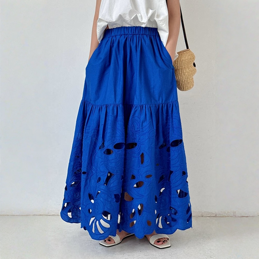 【ボトムス】クラインブルー レーザーカット透かしデザイン 両サイド刺繍 ウエストゴム仕様 スカート 【JZシリーズ】