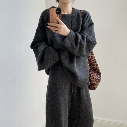 2点セット！【セットアップ】ふんわりニット 上下セット レディース 秋冬 ゆったり プルオーバー＋ニットパンツ 韓国風 カジュアル【JZシリーズ】