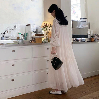 【ワンピース】韓国風 シック 春新作 スウィート フリルネック シアー感 ドット柄 バルーンスリーブ 長袖ワンピース【JZシリーズ】