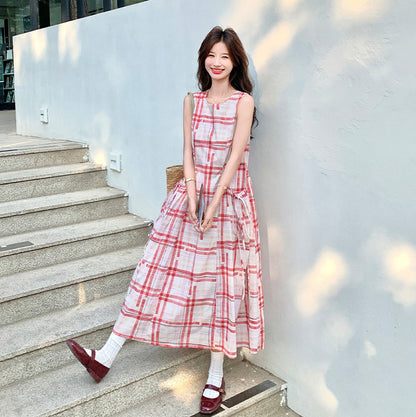 【ワンピース】フレンチヴィンテージ チェック柄 ノースリーブキャミソールワンピース 夏 文芸的な リゾート風【SHシリーズ】