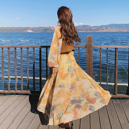 【セットアップ】ベスト付き 花柄フレア 長袖ワンピース セット 春秋 海辺リゾート 高級感【SHシリーズ】