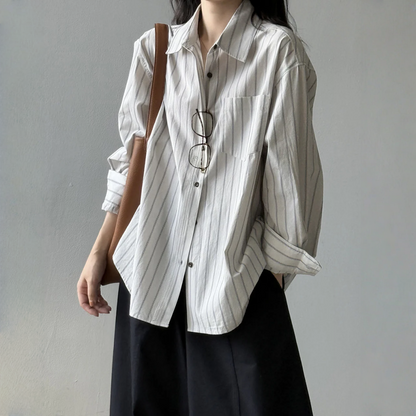 【トップス】春 秋 夏 冬 ストライプ柄 立襟 長袖 シャツ 【JZシリーズ】