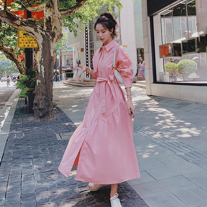 【ワンピース】高級感のある小洒落デザイン ピンク長袖シャツワンピース レディース 春秋 ユニークでおしゃれ 上品な大人風 ロングワンピース【JZシリーズ】