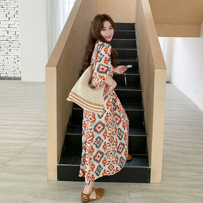 【ワンピース】夏 フレンチ風 旅行リゾート風 プリント パフスリーブ 半袖ワンピース【SHシリーズ】