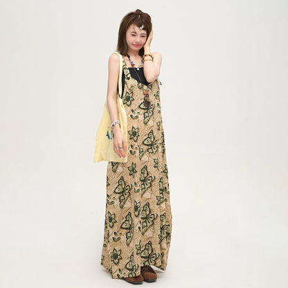 【ボトムス】ゆったりルーズ感 オーバーサイズ Vネック オールインワン 夏新作 バタフライプリント サロペット【SHシリーズ】