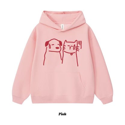 8カラー | S~3XL【トップス】猫犬イラスト 手描き風アメリカンプリント ヘビーウェイト フードパーカー ユニセックス ペアOK【FCシリーズ】