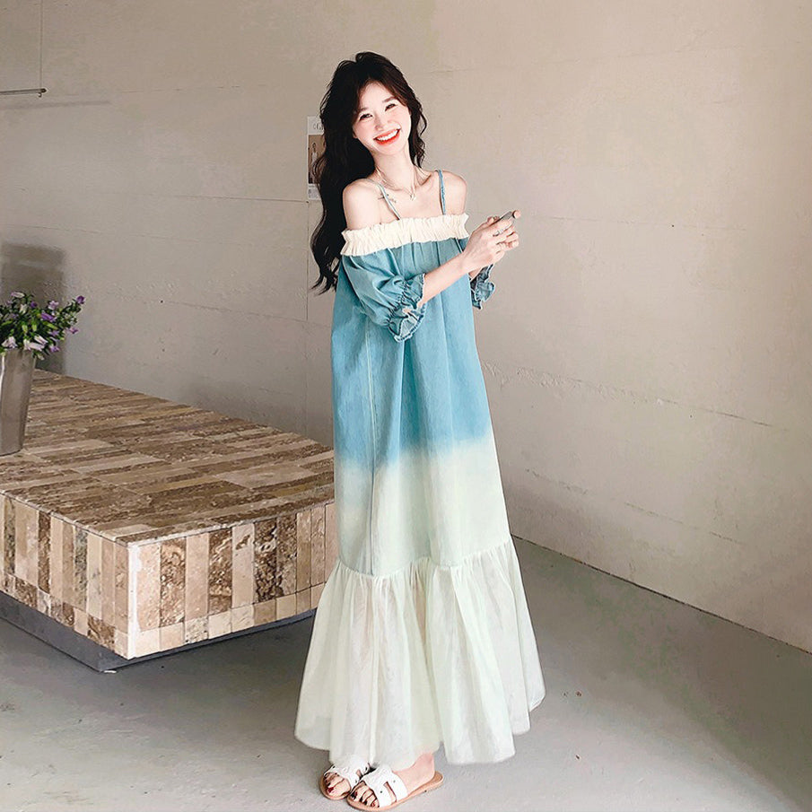 【ワンピース】夏 フレンチ温柔風 スウィート オフショルダーグラデーション 半袖ワンピース【SHシリーズ】