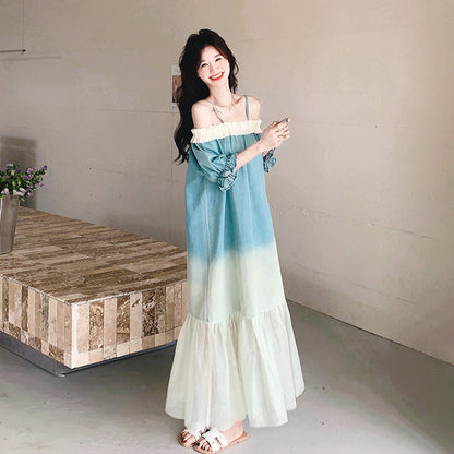 【ワンピース】夏 フレンチ温柔風 スウィート オフショルダーグラデーション 半袖ワンピース【SHシリーズ】