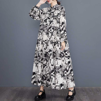 【ワンピース】春新作 大きいサイズ プリント 切替 ティアード長袖ワンピース ゆったり トレンド 花柄【SHシリーズ】